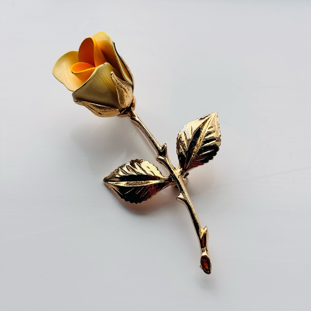Vintage Gold Tone Yellow Enamel Rose Brooch 3”